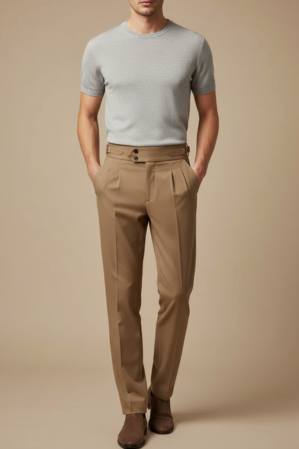 Pantalon Marron Plissé Taille Haute Élégant Homme - Gabardine