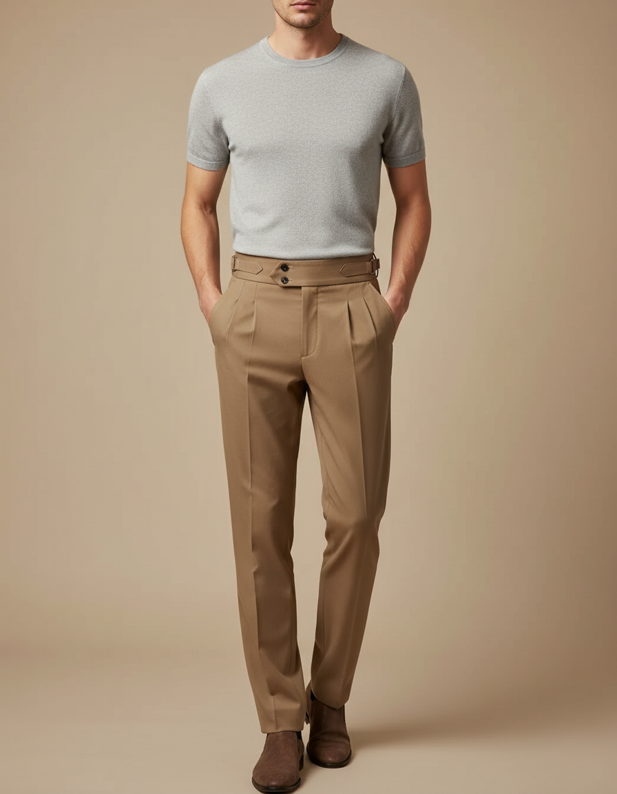 Pantalon Marron Plissé Taille Haute Élégant Homme - Gabardine
