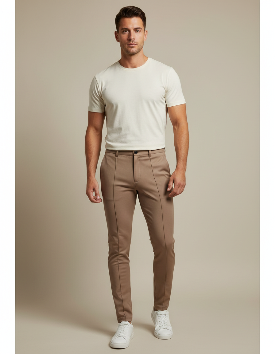 Pantalon Marron Slim Fit Business Élégant Homme - Camel Polyester