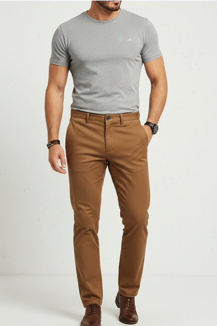 Pantalon Marron Chino Coupe Droite Décontracté Homme - Coton