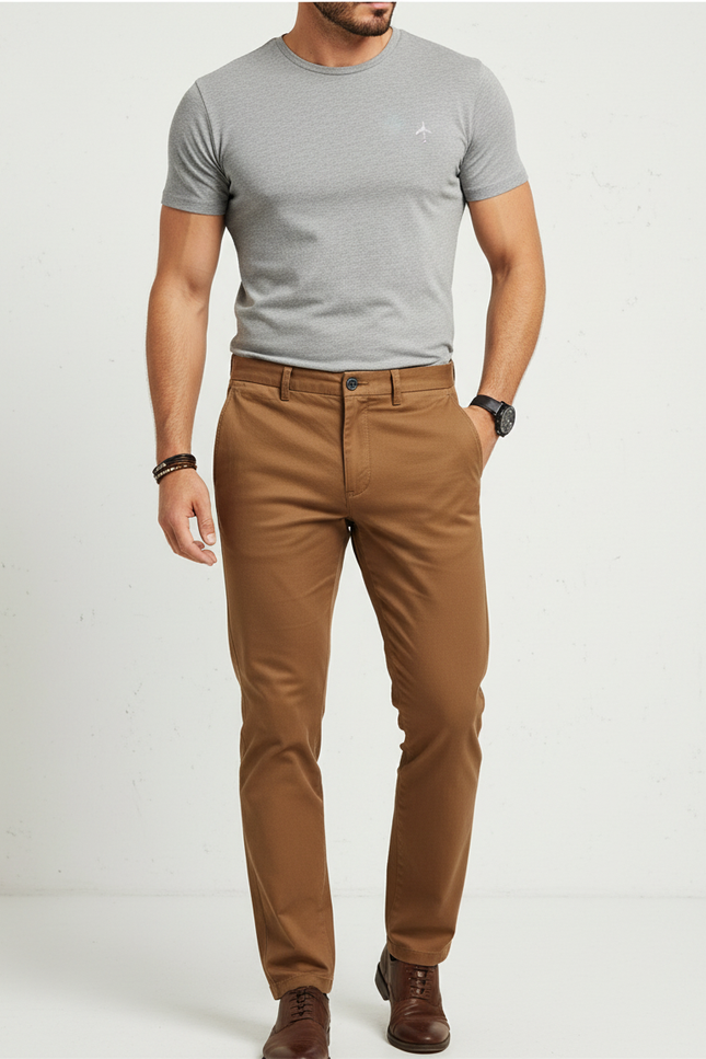 Pantalon Marron Chino Coupe Droite Décontracté Homme - Coton