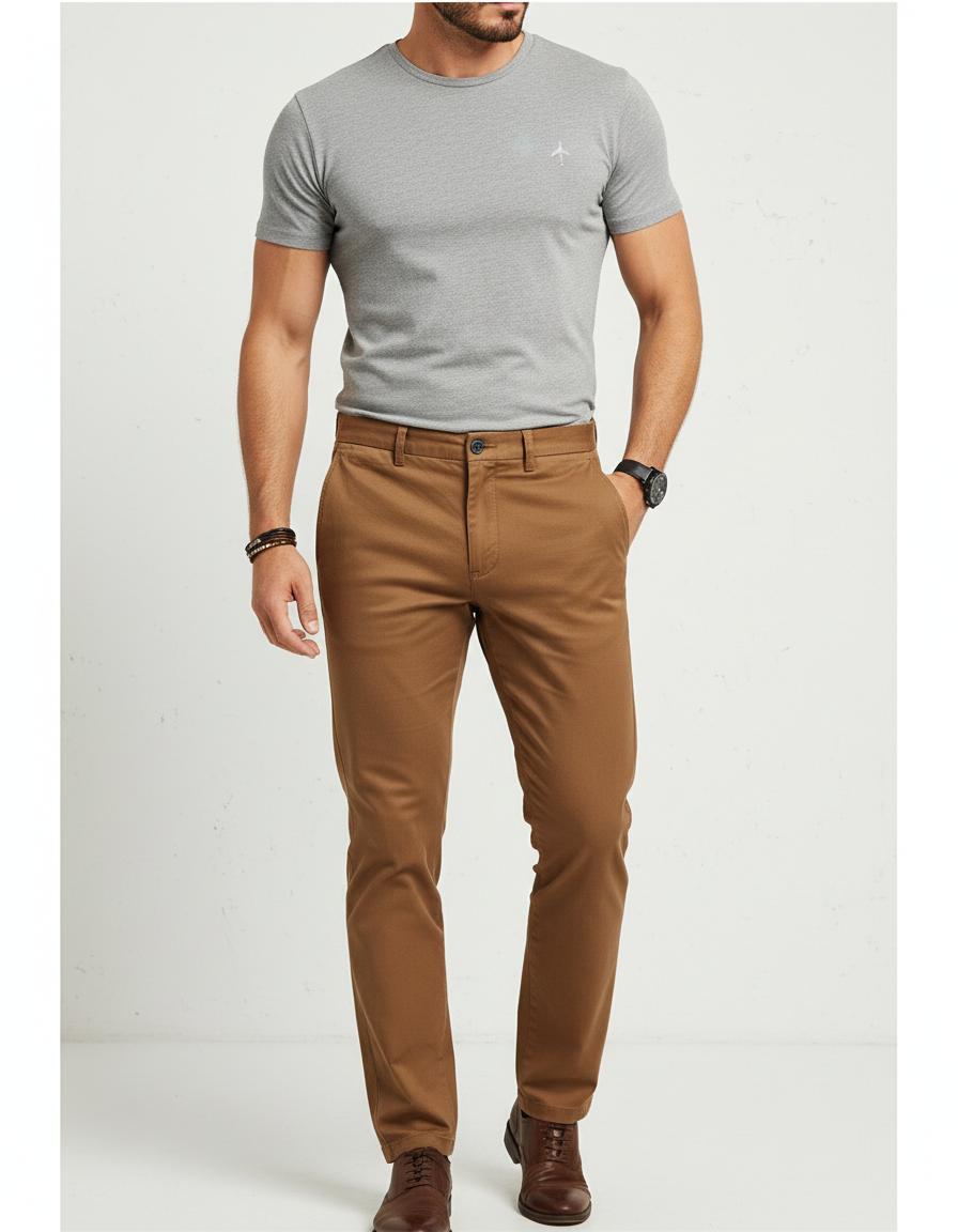 Pantalon Marron Chino Coupe Droite Décontracté Homme - Coton
