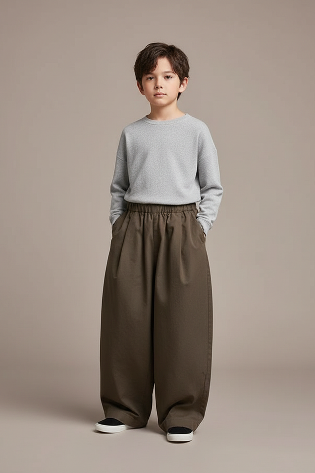Pantalon Marron Ample Garçon Décontracté Coton Élastique - Kaki