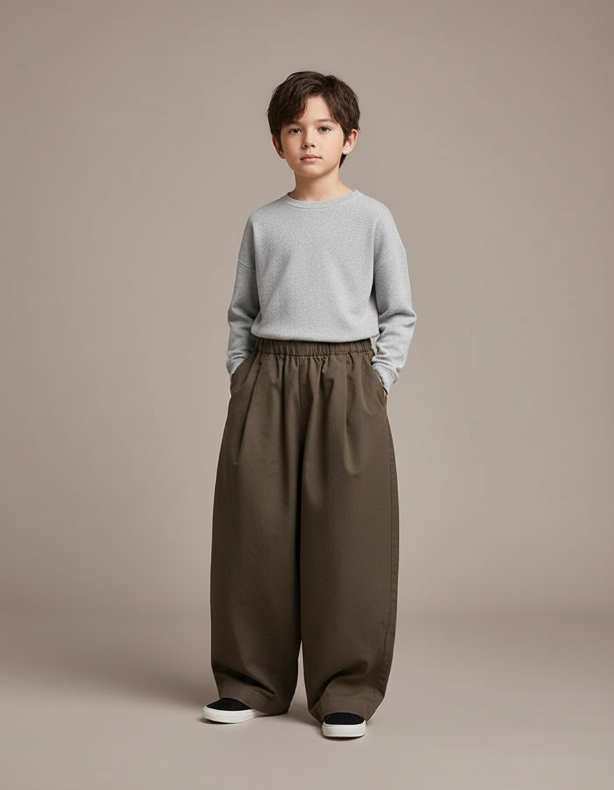 Pantalon Marron Ample Garçon Décontracté Coton Élastique - Kaki
