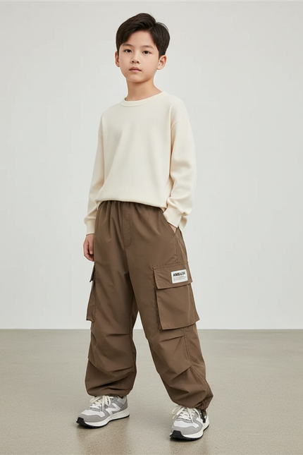 Pantalon Marron Cargo Ample Multi-Poches Garçon Décontracté - Polyester
