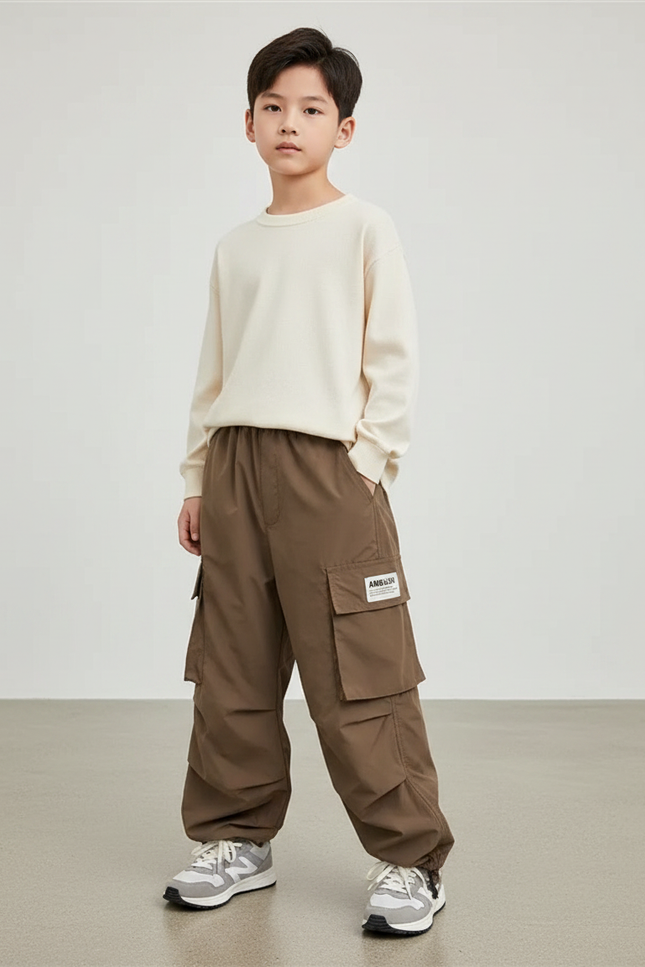 Pantalon Marron Cargo Ample Multi-Poches Garçon Décontracté - Polyester