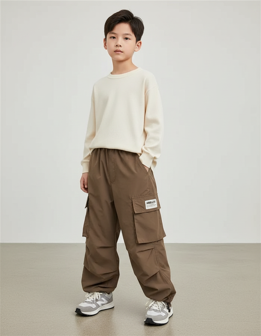 Pantalon Marron Cargo Ample Multi-Poches Garçon Décontracté - Polyester