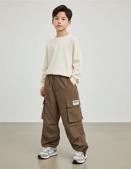 Pantalon Marron Cargo Ample Multi-Poches Garçon Décontracté - Polyester