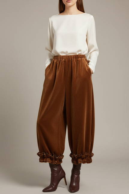 Pantalon Marron Velours Ample Plissé Volants Femme