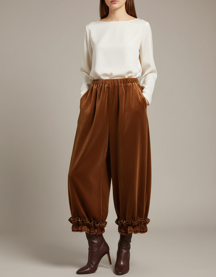 Pantalon Marron Velours Ample Plissé Volants Femme