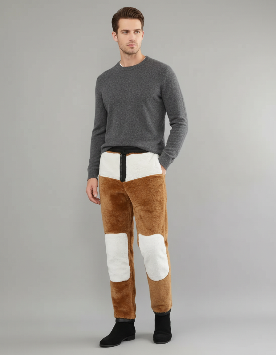 Pantalon Marron Doux Chaud Confortable Décontracté Patchwork - Molleton