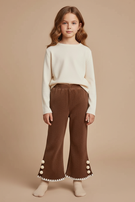 Pantalon Marron Côtelé Évasé Pompons Enfant Confortable - Cordé