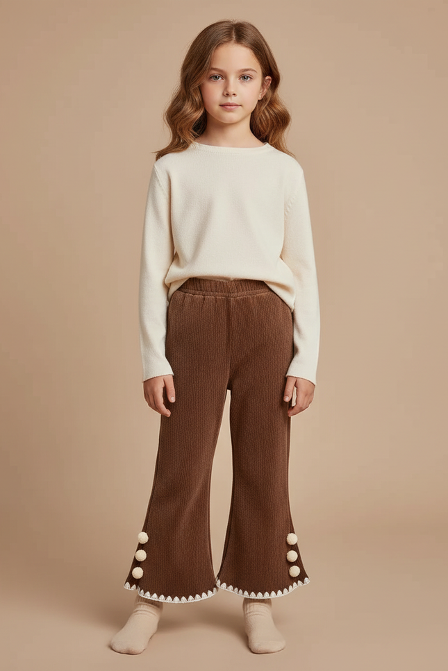 Pantalon Marron Côtelé Évasé Pompons Enfant Confortable - Cordé