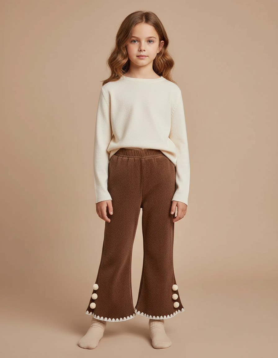 Pantalon Marron Côtelé Évasé Pompons Enfant Confortable - Cordé