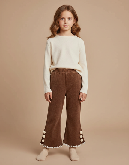 Pantalon Marron Côtelé Évasé Pompons Enfant Confortable - Cordé