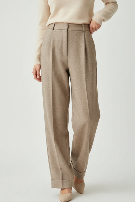 Pantalon Marron Plissé Ample Taille Haute Élégant - Tweed