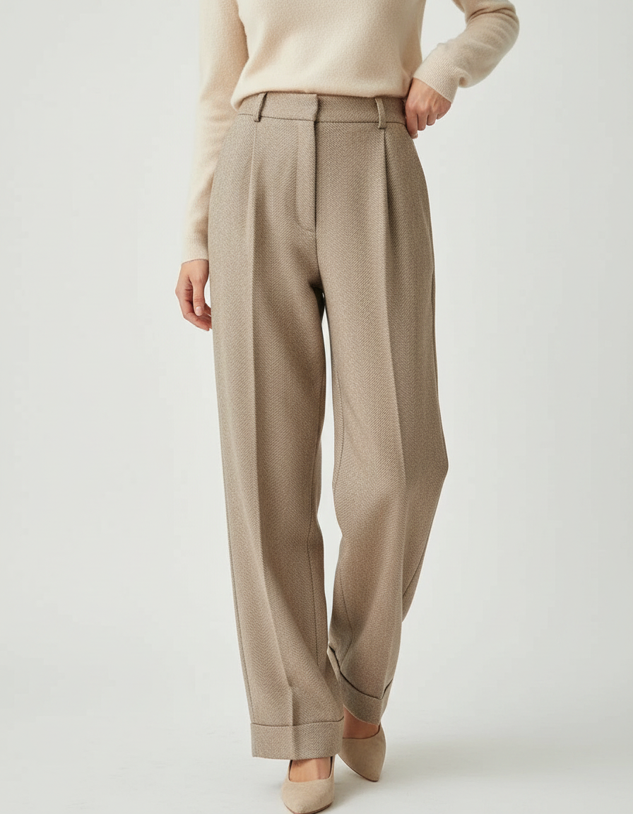 Pantalon Marron Plissé Ample Taille Haute Élégant - Tweed