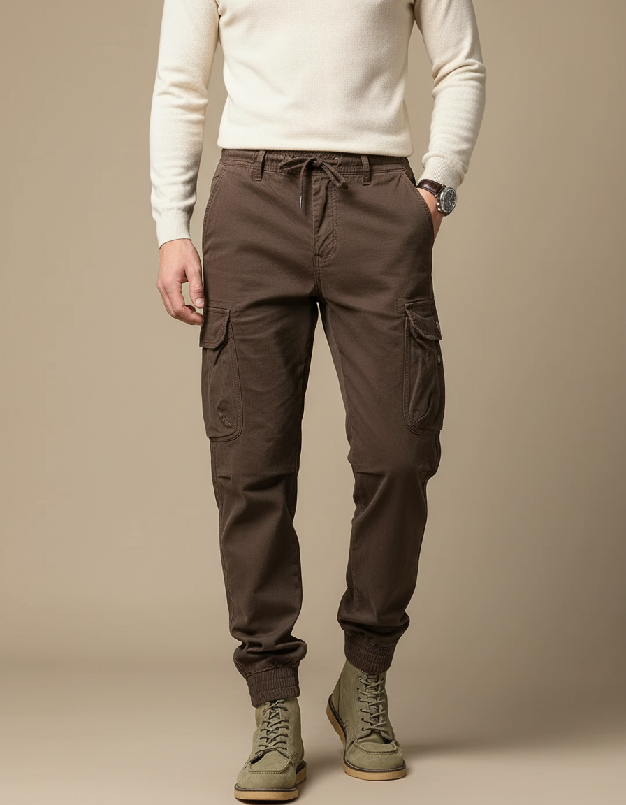 Pantalon Marron Cargo Coton Homme Multipoches
