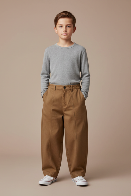 Pantalon Marron Ample Garçon Coton Décontracté Vintage - Camel Toile