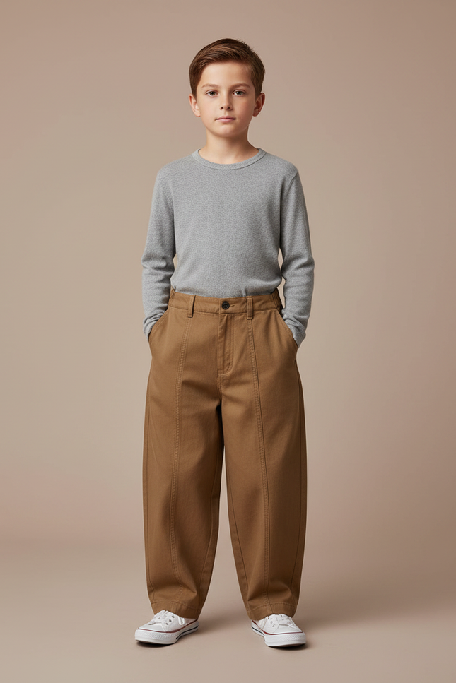Pantalon Marron Ample Garçon Coton Décontracté Vintage - Camel Toile