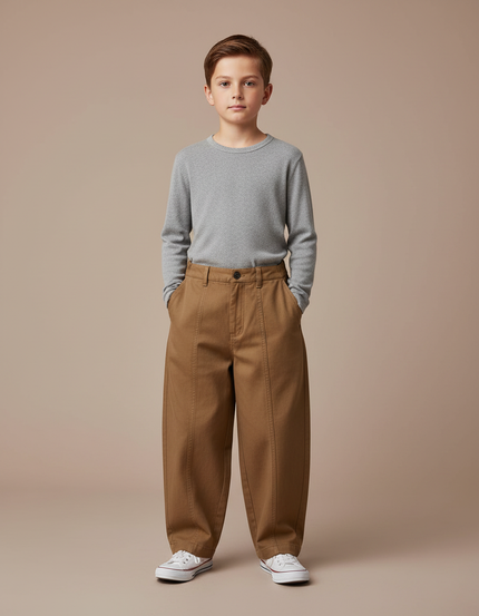 Pantalon Marron Ample Garçon Coton Décontracté Vintage - Camel Toile