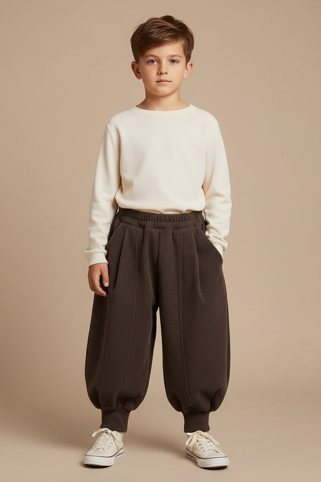 Pantalon Marron Côtelé Ample Élastiqué Enfant Hiver - Cordé