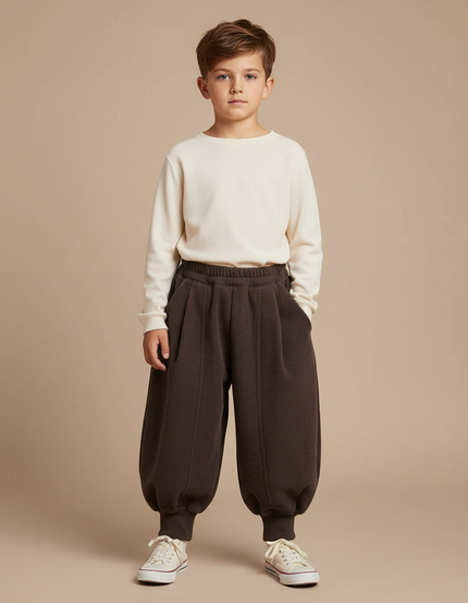 Pantalon Marron Côtelé Ample Élastiqué Enfant Hiver - Cordé