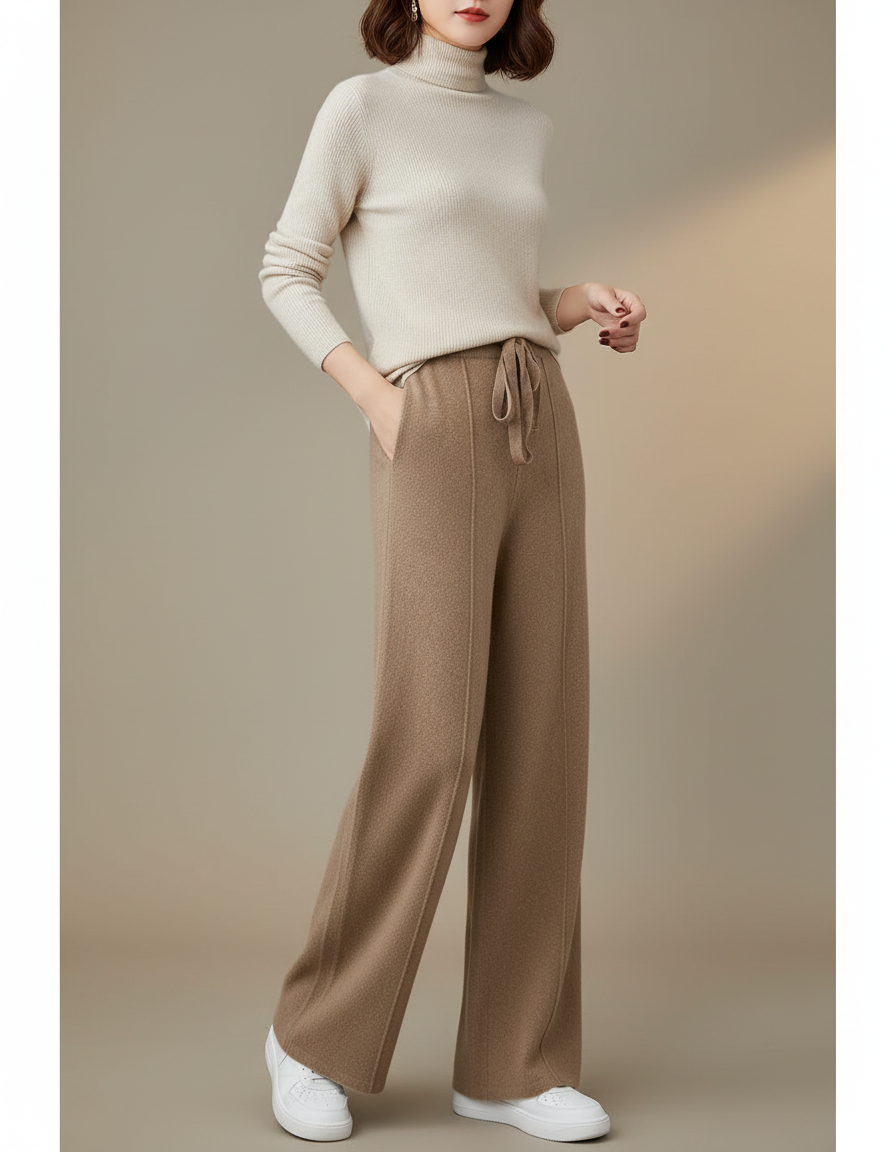 Pantalon Marron Tricoté Large Taille Haute Décontracté - Maille