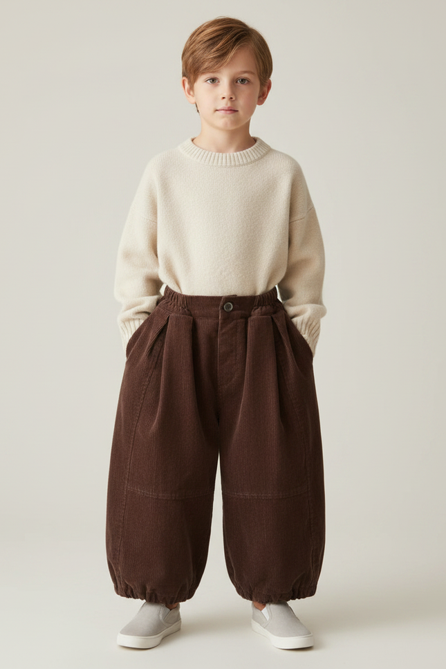 Pantalon Marron Côtelé Ample Plissé Décontracté Hiver - Cordé