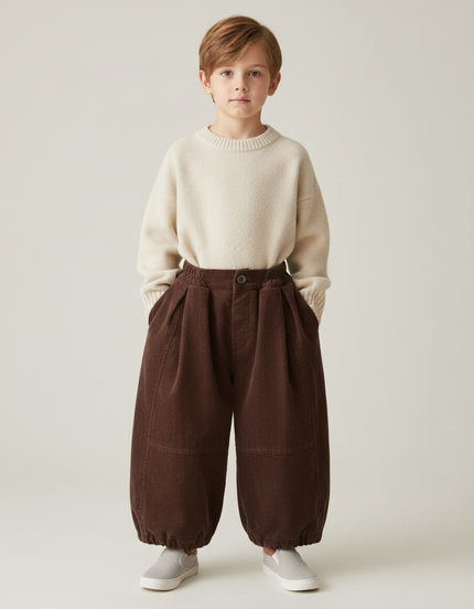 Pantalon Marron Côtelé Ample Plissé Décontracté Hiver - Cordé