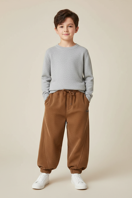 Pantalon Marron Côtelé Ample Décontracté Enfant - Cordé