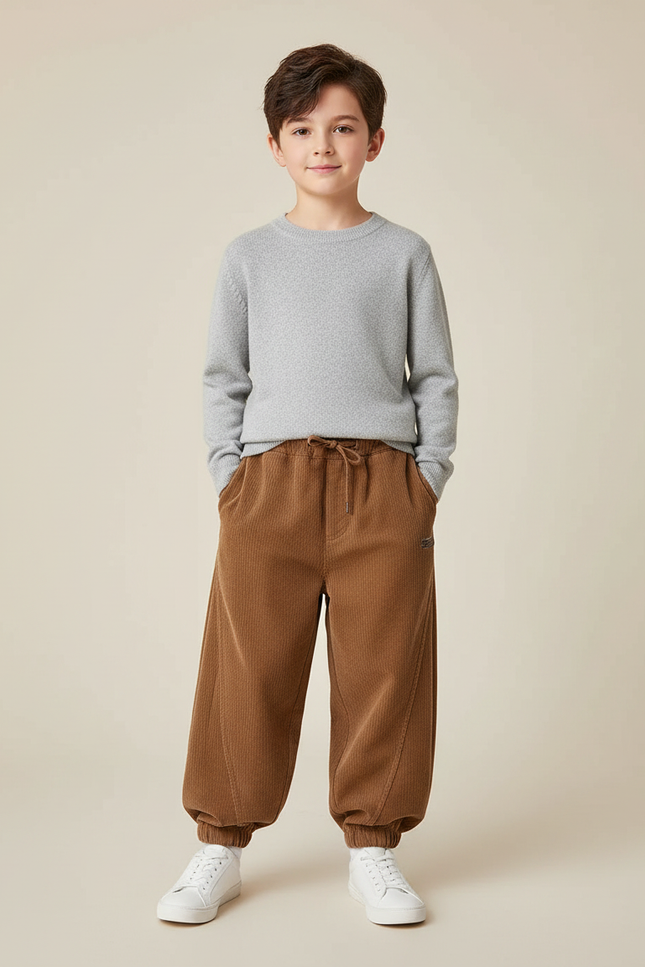 Pantalon Marron Côtelé Ample Décontracté Enfant - Cordé