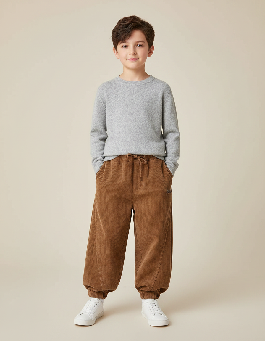 Pantalon Marron Côtelé Ample Décontracté Enfant - Cordé