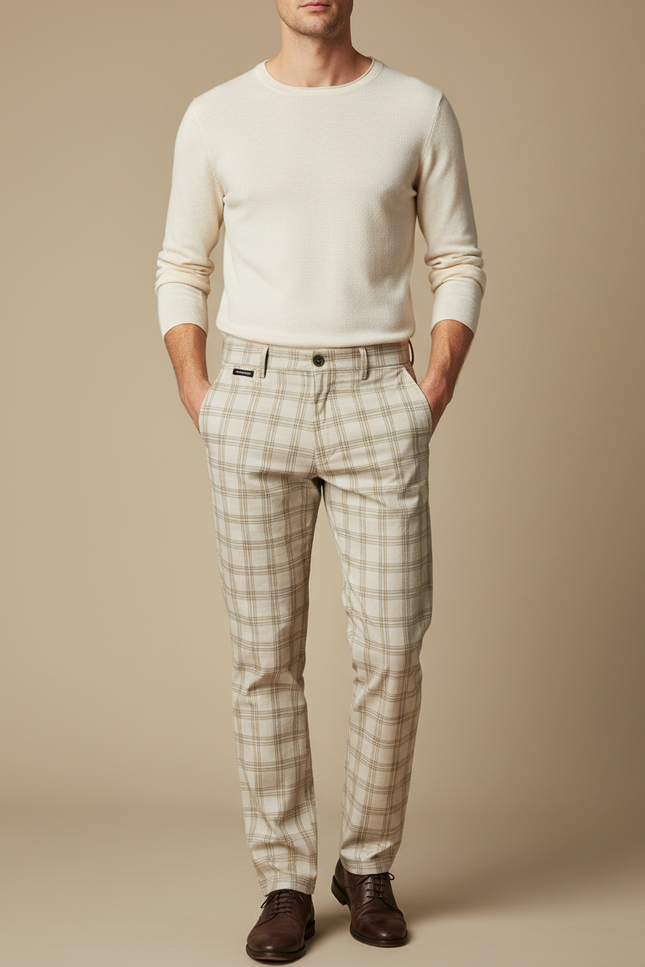 Pantalon Marron Carreaux Coton Slim Élégant Homme