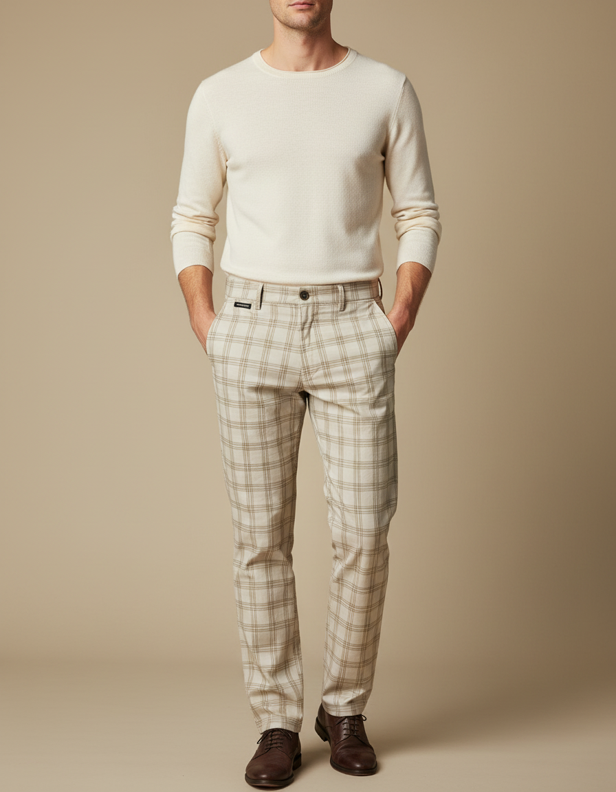 Pantalon Marron Carreaux Coton Slim Élégant Homme