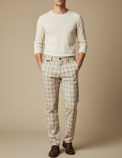 Pantalon Marron Carreaux Coton Slim Élégant Homme