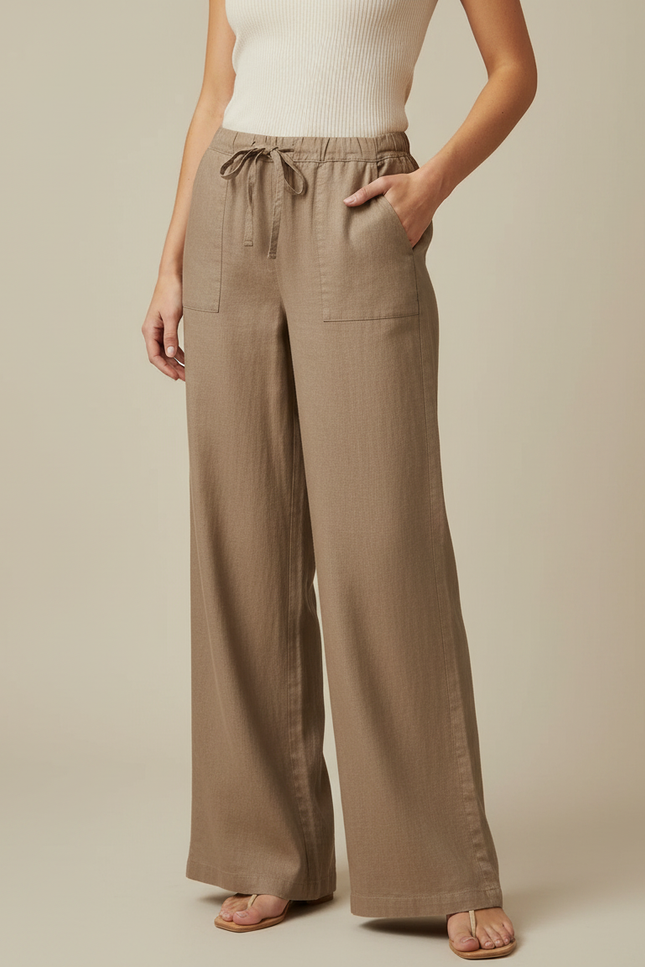 Pantalon Marron Ample Lin Coton Décontracté Femme
