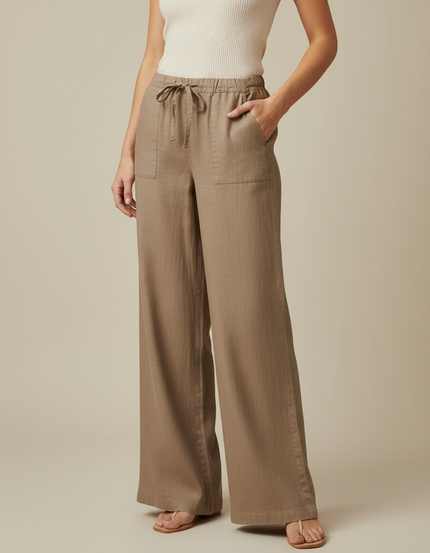 Pantalon Marron Ample Lin Coton Décontracté Femme