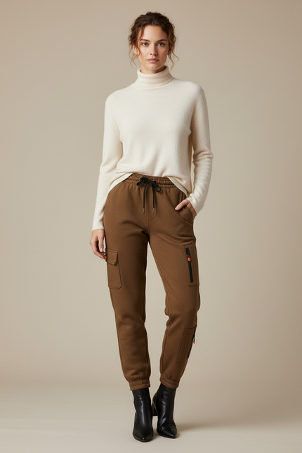 Pantalon Marron Cargo Molletonné Cordon Élastique Poches