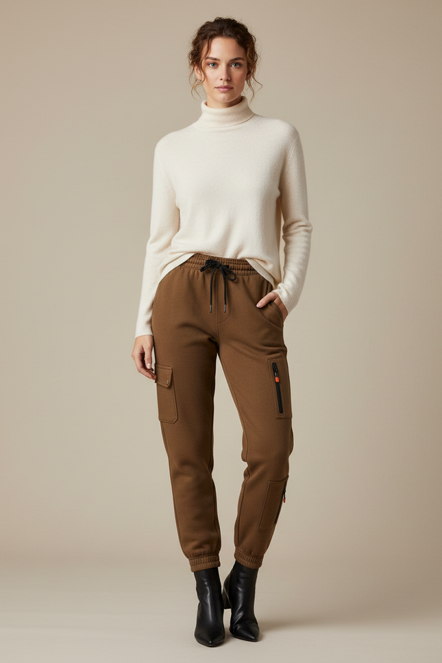 Pantalon Marron Cargo Molletonné Cordon Élastique Poches