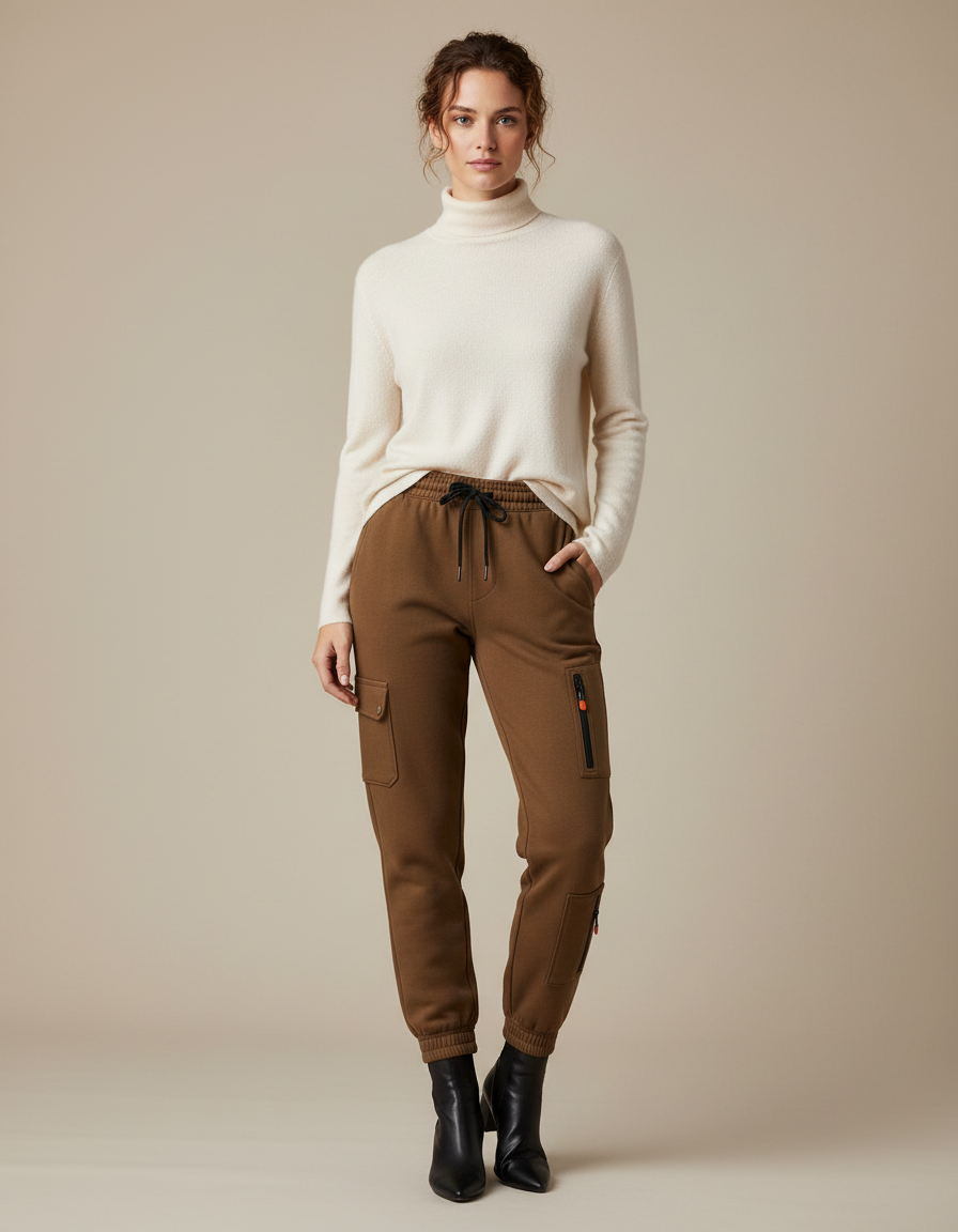 Pantalon Marron Cargo Molletonné Cordon Élastique Poches