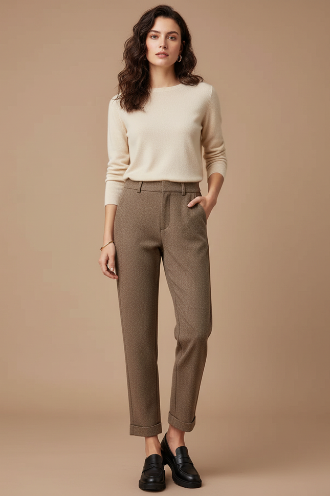 Pantalon Marron Laine Cigarette Motif Texturé Élégant