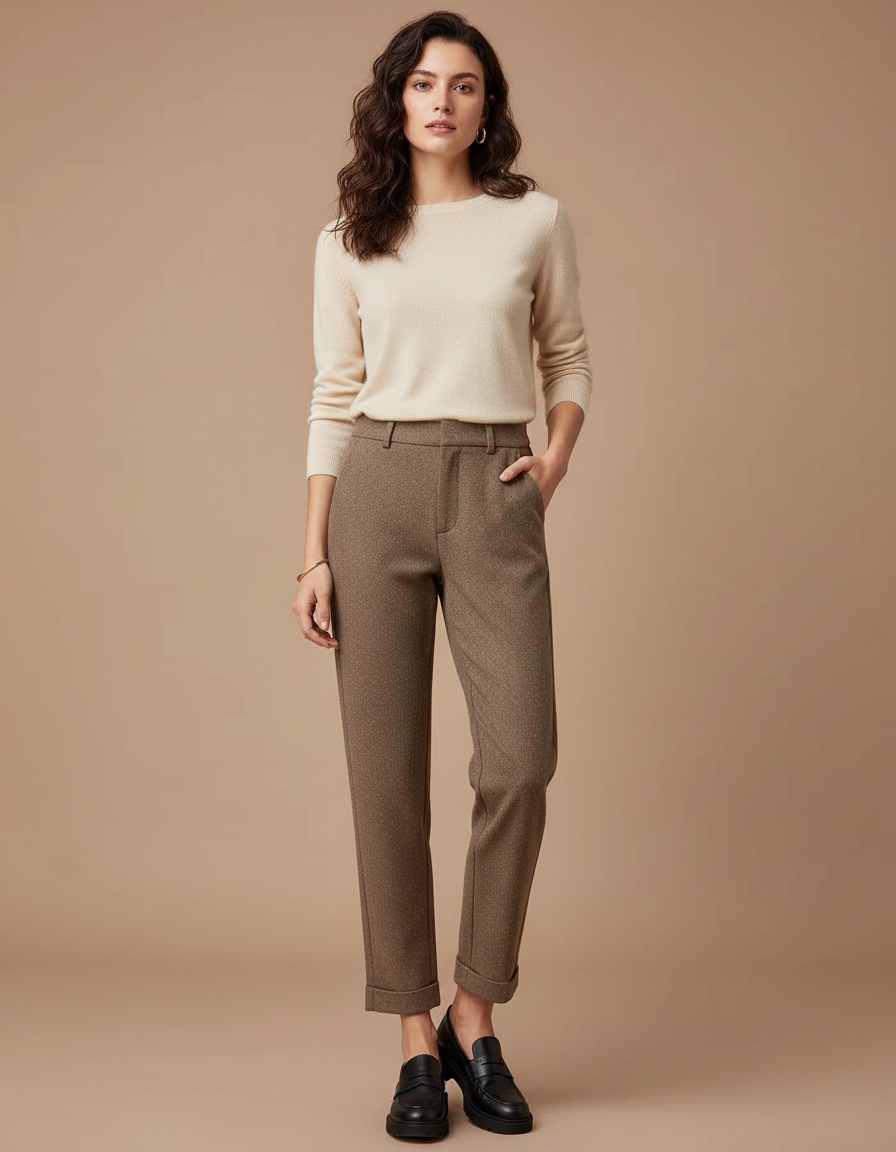 Pantalon Marron Laine Cigarette Motif Texturé Élégant