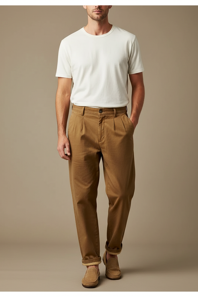 Pantalon Marron Plissé Décontracté Coton Homme