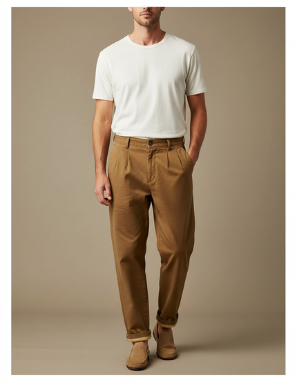 Pantalon Marron Plissé Décontracté Coton Homme