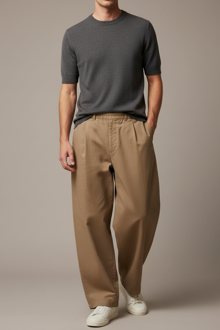 Pantalon Marron Ample Plissé Coton Décontracté Homme - Camel