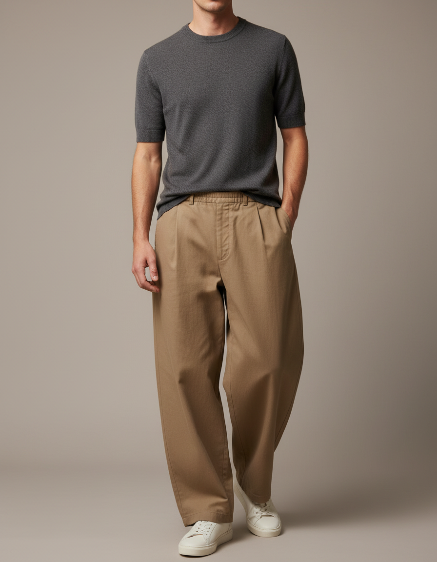 Pantalon Marron Ample Plissé Coton Décontracté Homme - Camel