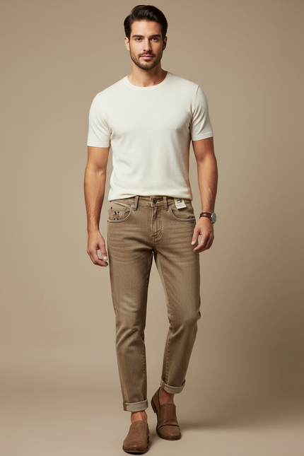 Pantalon Marron Coupe Slim Délavé Décontracté Homme - Jean