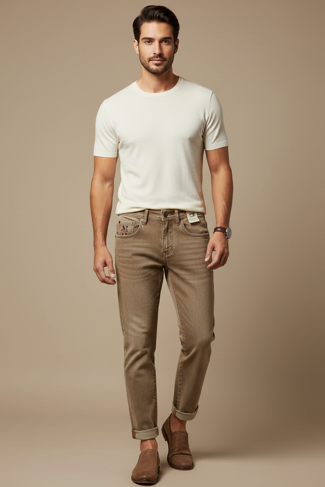 Pantalon Marron Coupe Slim Délavé Décontracté Homme - Jean