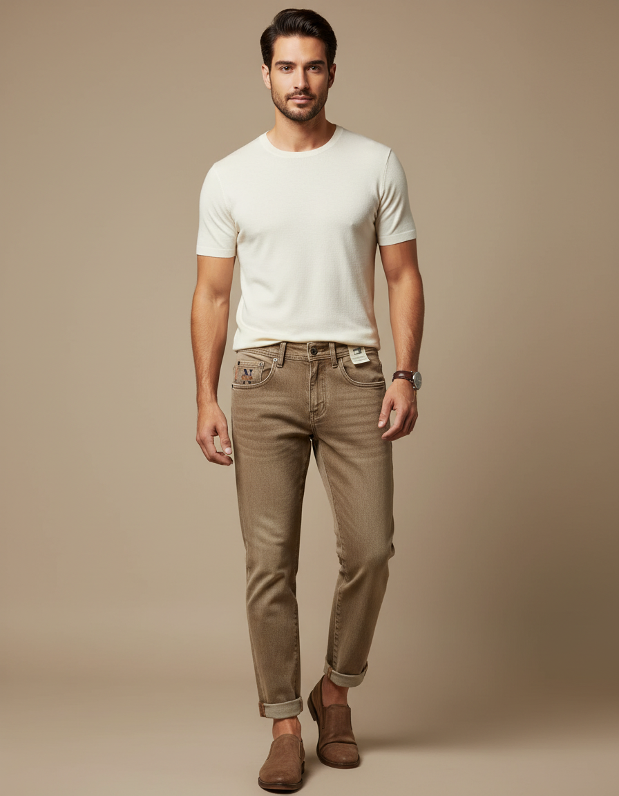 Pantalon Marron Coupe Slim Délavé Décontracté Homme - Jean